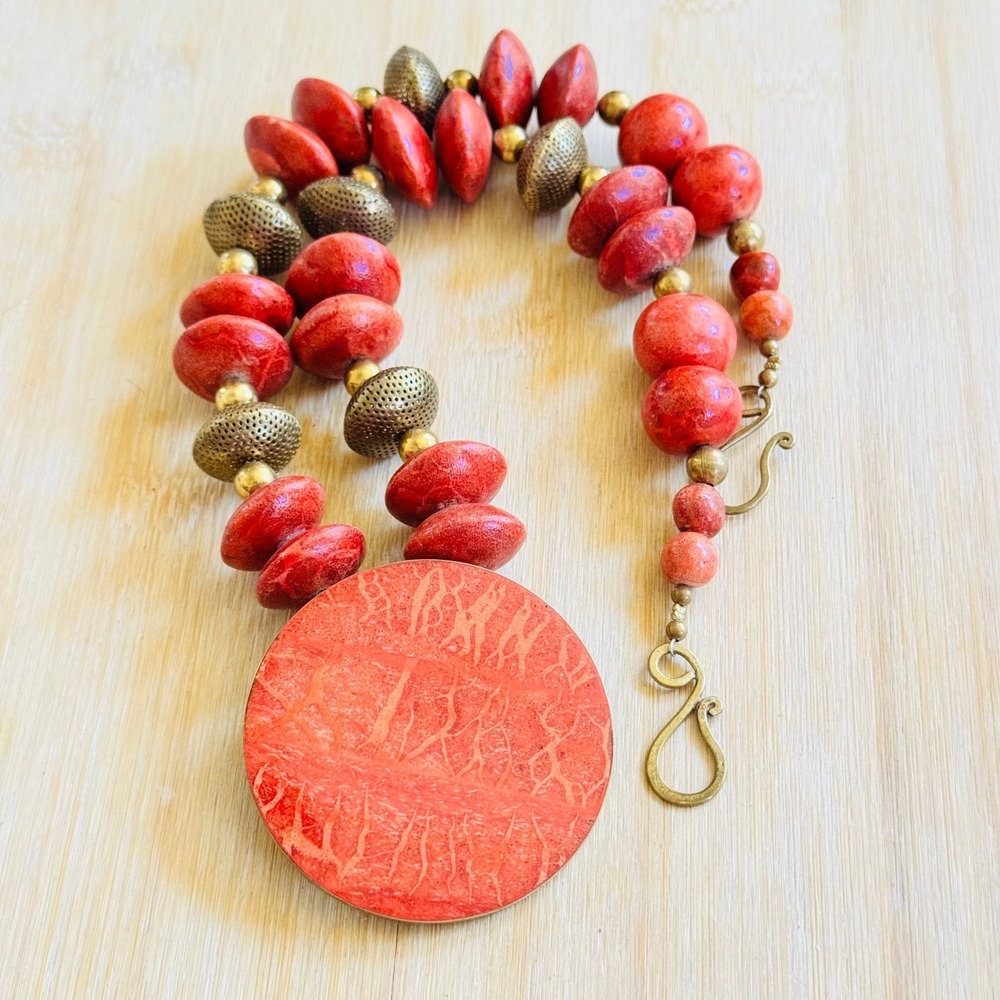 VTG Red Sponge Coral Beaded Brass Necklace BOHO Genuine Real Beads 118g 24" 70s